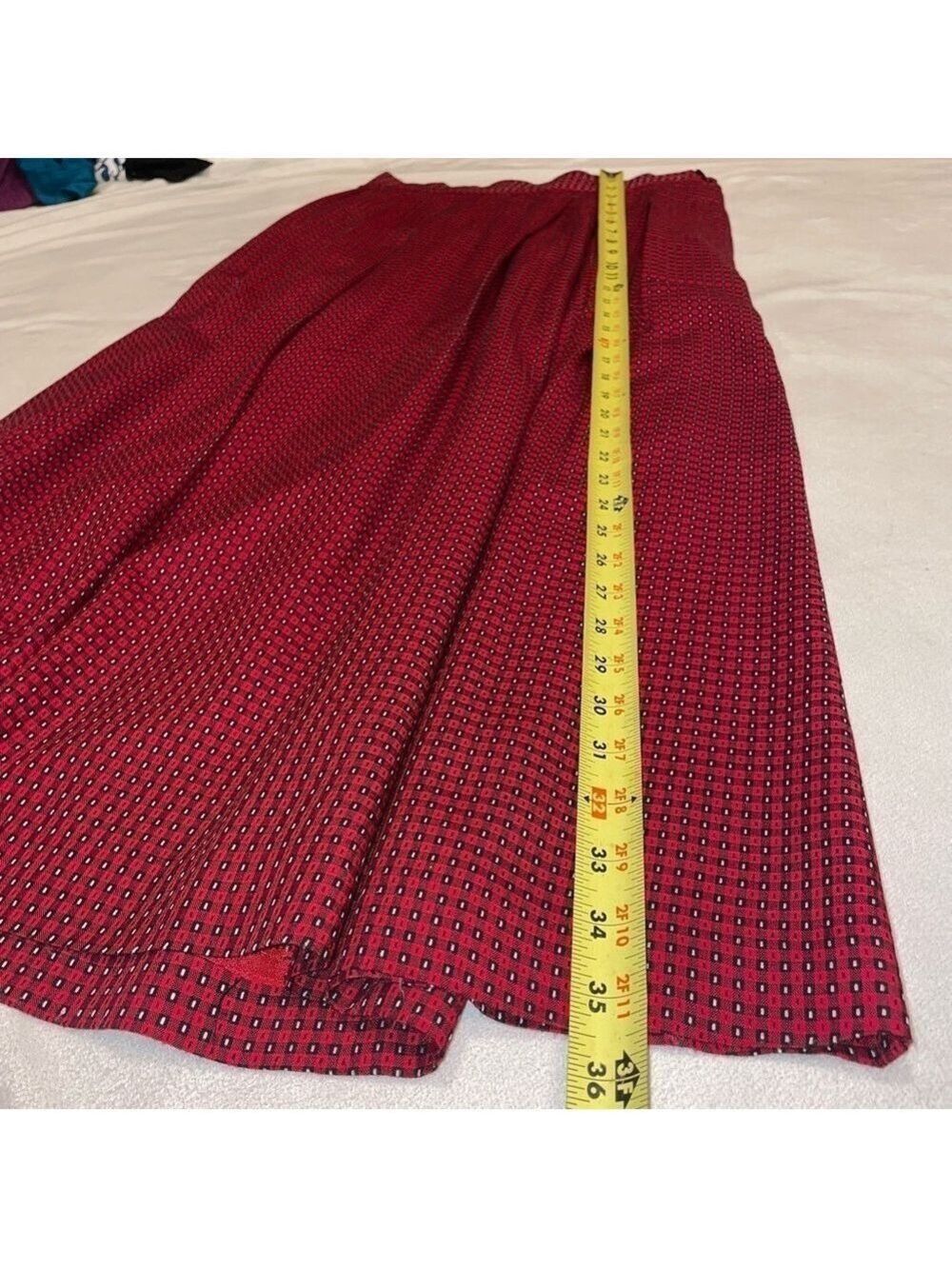 Vintage 90s Bechamel Red Geometric Rayon Midi Skirt High Waist Button Detail Cot - Picture 11 of 11